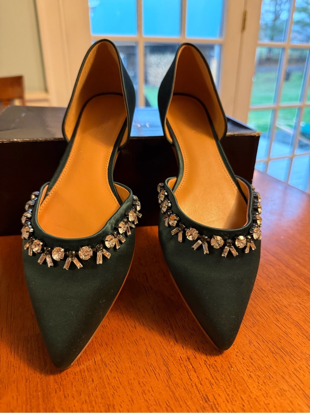 J. Crew Academic Green Satin Pointed D'Orsay Flats with Crystal Embellishment